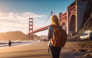 Young female tourist backpacker travelling aroung the world. Travel Destination - San Francisco,...