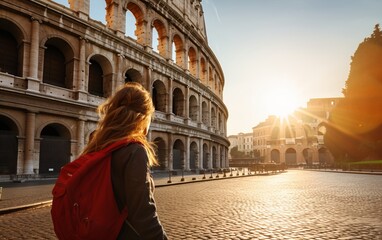 Fototapeta na wymiar Young female tourist backpacker travelling aroung the world. Travel Destination - Rome, Italy