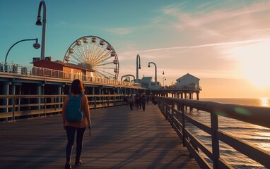 Young female tourist backpacker travelling aroung the world. Travel Destination - Santa Monica, Los Angeles, California, USA.