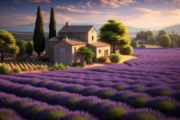 beautiful rural summer landscape of a lavender field with a rustic house, a trip to Europe, Generative AI