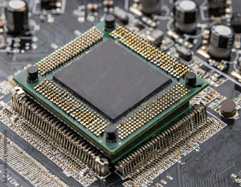 Poster close up of semiconductor or microchip on a black motherboard, detail of chip showing the cpu of a c