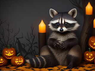 A photograph of a raccoon celebrating Halloween