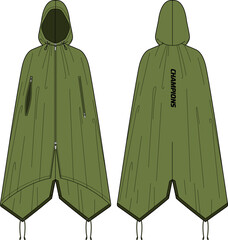 Rain coat poncho Hoodie jacket design flat sketch Illustration, waterproof cycling Hooded rain coat with front and back view, winter coat for Men and women for outerwear and long weather jacket © JERZEY DESINZ