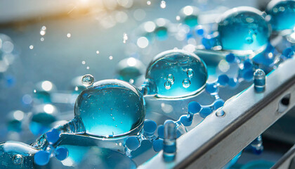 Macro of hydrogen cells or blue liquid molecules with water atoms for green energy transport and...