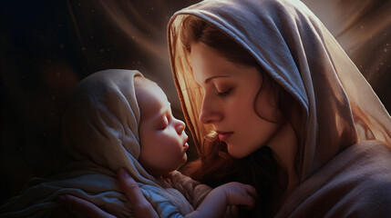 Create a realistic photo that portrays a graphic representation of Holy Mary gently cradling baby Jesus Christ. The image should authentically convey the spiritual essence of this revered scene. --ar