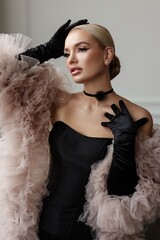 Retro Woman in Black Dress, Fur Cloak, Beauty Flapper Portrait, Old Fashioned Hairstyle, Luxury...
