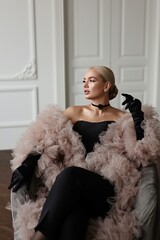 Retro Woman in Black Dress, Fur Cloak, Beauty Flapper Portrait, Old Fashioned Hairstyle, Luxury...
