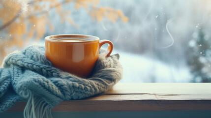 Cup of coffee and knitted sweater on the window age with winter scene outside - obrazy, fototapety, plakaty