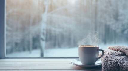 Fototapeta na wymiar Cup of coffee and knitted sweater on the window age with winter scene outside