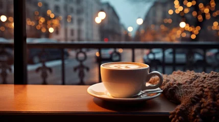  Cup of coffee and knitted sweater on the window age with winter scene outside © tashechka