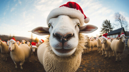 Selfie of a sheep on Santa hat on blur bokeh Christmas background - obrazy, fototapety, plakaty