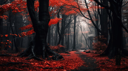 Autumn forest with red leaves and some red trees