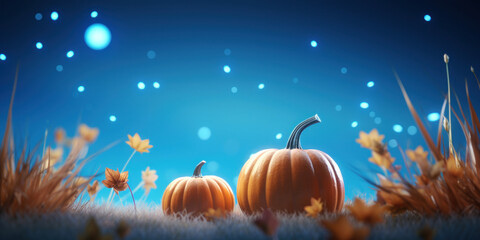 Fototapeta na wymiar Pumpkins with fall leaves against a starry blue sky