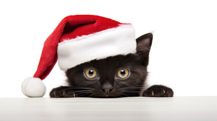 Black kitten on Santa Clause hat on white background - obrazy, fototapety, plakaty