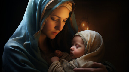 realistic photo that portrays a graphic representation of Holy Mary gently cradling baby Jesus Christ. The image should authentically convey the spiritual essence of this revered scene - obrazy, fototapety, plakaty