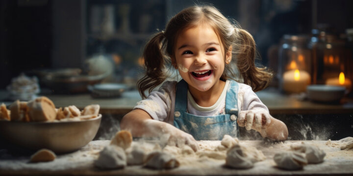 Cute happy funny little girl bake Christmas cookie