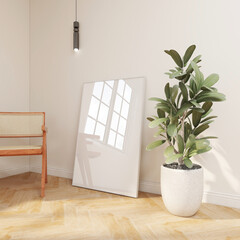 Vertical wooden frame mockup on wood floor with light reflection. White poster mock up with green plant and modern wooden chair. 3d illustration 