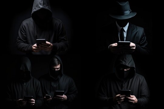 Hacker Using Smartphone, Men in Black Clothes Generative AI Illustration