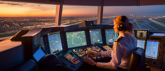 A woman air traffic controller sits at the control panel against the background of the panoramic window of the airport. A wide banner.