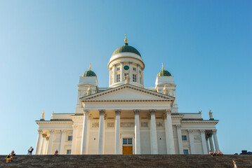 The front of Tuomiokirkko Helsinki Cathedral,  the Finnish Evangelical Lutheran cathedral of the Diocese of Helsinki
