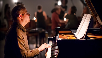 The man accompanist accompanies the piano under the lighting of the lamps, in the background there...