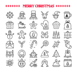 Set of Christmas icons. Winter holiday background, xmas decoration elements,  festive backdrop. Vector illustration. Outline icons set.