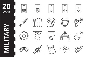 Set of military icons. Contains such symbols as gun, soldier, weapon, tank, граната, general and more.