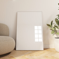 vertical white frame mock up on wooden floor. Modern interior design scene with blank poster mockup with window reflection. Realistic 3D render