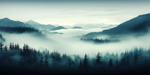 Misty mountain landscape with fir forest in vintage retro style. Generative AI