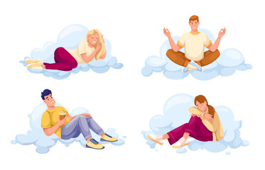 People relax, dream on clouds in sky set vector illustration. Cartoon isolated happy man and woman in casual clothes lying on clouds, drinking coffee and resting, sleeping and sitting in yoga pose