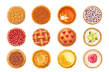 Sweet pies set vector illustration. Cartoon isolated top view of different baked delicatessen cakes for eating, homemade pastry or restaurant menu collection of whole shortcrust pie for dessert - obrazy, fototapety, plakaty