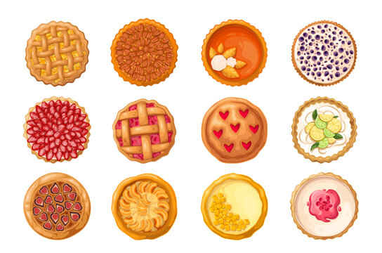 Sweet pies set vector illustration. Cartoon isolated top view of different baked delicatessen cakes for eating, homemade pastry or restaurant menu collection of whole shortcrust pie for dessert