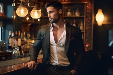 Young male model standing in front of the bar in a bar, bar advertising, bar event promotion, party invitation