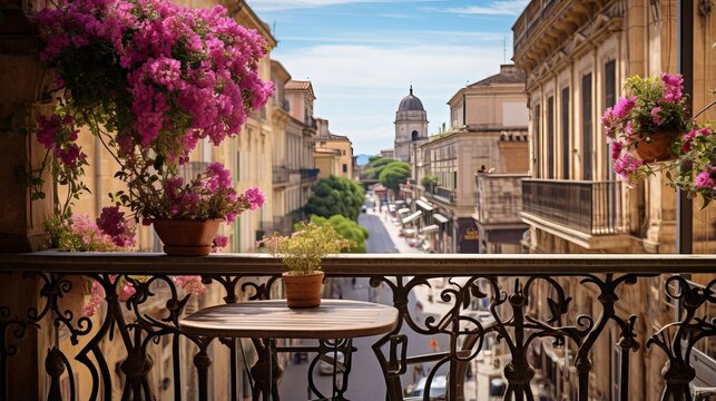 "Enchanting Piazza Duomo Balcony with Blossoming Flowers in Historic Sassari, Sardinia