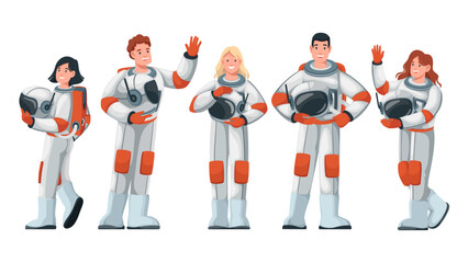 Astronauts standing with helmets set vector illustration. Cartoon isolated happy man and woman in costumes of spacecraft crew holding hand up, astronauts characters in spacesuits greeting and walking © Victoria Sergeeva