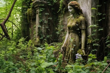 Fototapeta na wymiar An overgrown garden with weeds, wildflowers, and cracked statues.