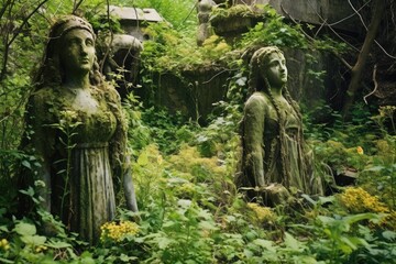 An overgrown garden with weeds, wildflowers, and cracked statues.