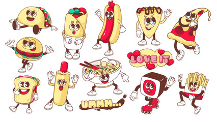 Groovy fast food characters set vector illustration. Cartoon isolated funny retro food collection of emoticons with psychedelic face and positive gestures, legs and arms, funky typography patches