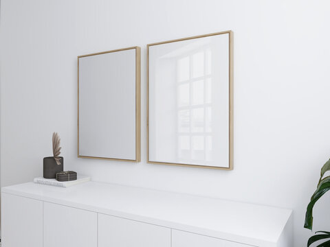 Interior mockup with two frames on white wall. Empty posters gallery wall art set, modern design. 3D illustration