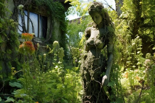 An overgrown garden with weeds, wildflowers, and cracked statues.