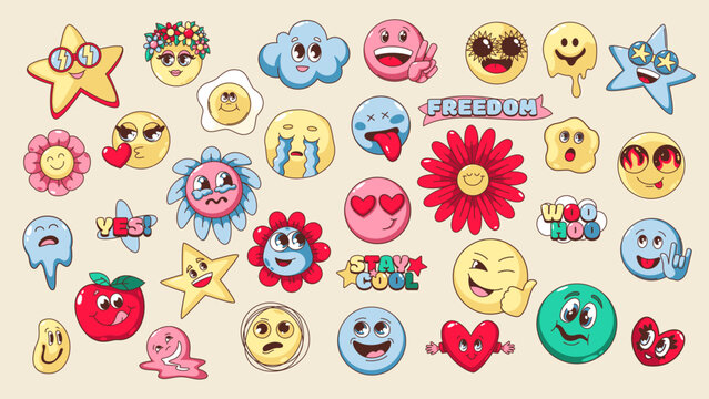 Groovy psychedelic emoji set vector illustration. Cartoon isolated retro happy or sad emoticons and stickers with crazy hippy font, emoji of flower and heart, star and apple character with trippy face