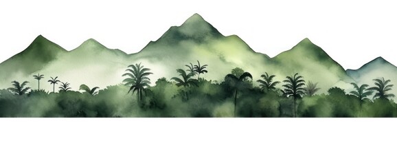 Tropical forest on a background of mountains watercolor