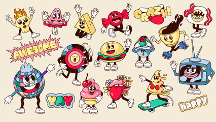 Groovy retro stickers set vector illustration. Cartoon isolated retro psychedelic characters on rave or hippie music party, collection of crazy fun dance emoji with funny faces, arms and legs