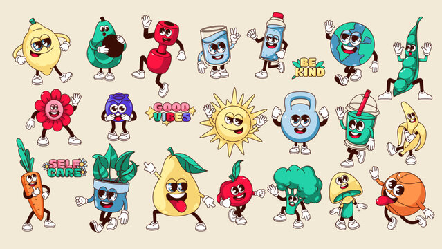 Naklejki Groovy healthy lifestyle characters set vector illustration. Cartoon isolated retro emoji with funny faces, arms and legs, stickers of healthy food and sports gym equipment, motivation quotes