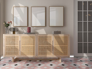 Three vertical frames mockup inside canework console. 3 empty white posters mock up with light and shadow retro interior. 3D illustration 