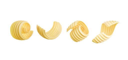 Butter curls or rolls isolated on white background, with clipping path 3d illustration.