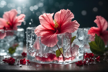 Bright red blooming hibiscus flower frozen in an ice block against dark background with water drops and frost. Fresh ice tea concept.