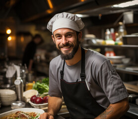 Handsome chef wearing white chef uniform and apron in kitchen, smiling at camera