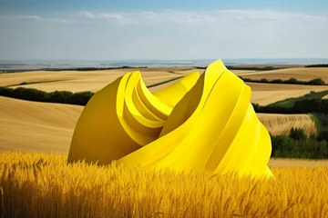 Gordijnen Yellow landscape sculpture, minimalism, summer, view, wave, fields. Generative AI © Arcadia