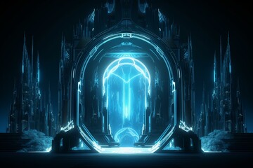 Imaginative scenery with stunning 3D visuals, illuminated by neon lights, featuring a time portal and grand architectural gateway. Generative AI - obrazy, fototapety, plakaty